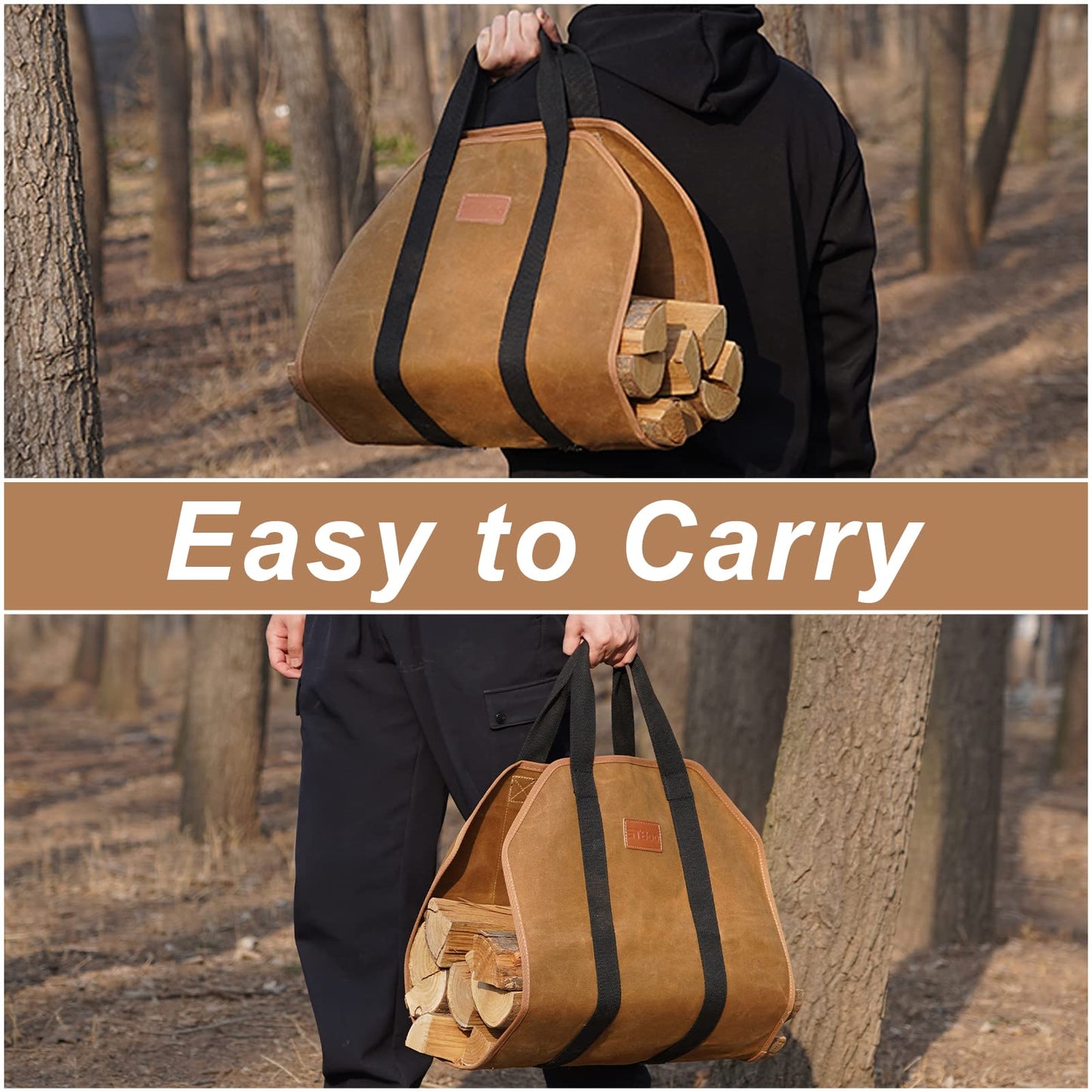 Waxed Canvas Firewood Log Carrier, Heavy Duty Sturdy Large Log Tote Bag for Fire Wood, Firepit Outdoor Camping, BBQ, Fireplace, Wood Stove Accessories,Brown