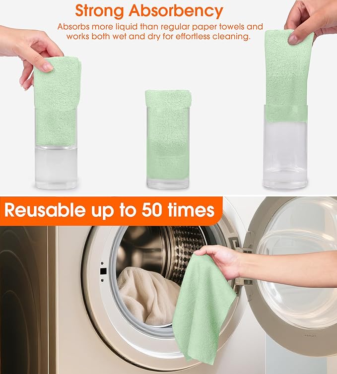 Microfiber Cleaning Cloth Roll–100 Pack, Tear Away Microfiber Towels, Reusable, Washable, Scratch-Free, Kitchen Towels for Car, Home, Kitchen, Glass, Dishes(Bean Green)
