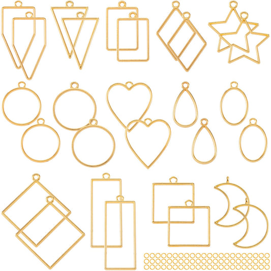 CustomyLife 28 pcs Open Bezels with 100pcs Jump Rings, 14 Styles Gold Heart Star Moon Hollow Frame Pendant Epoxy Mold Kit for Resin Casting, DIY Jewelry Making, Necklaces, Earrings Making Supplies
