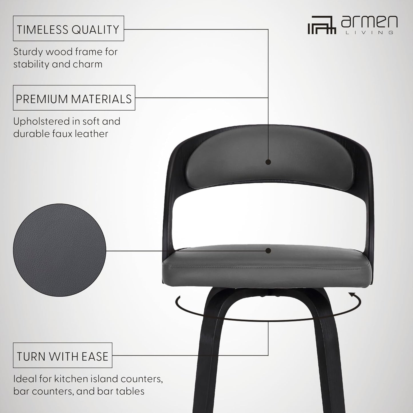 Armen Living Shelly 26" Counter Height Swivel Gray Faux Leather and Black Wood Bar Stool