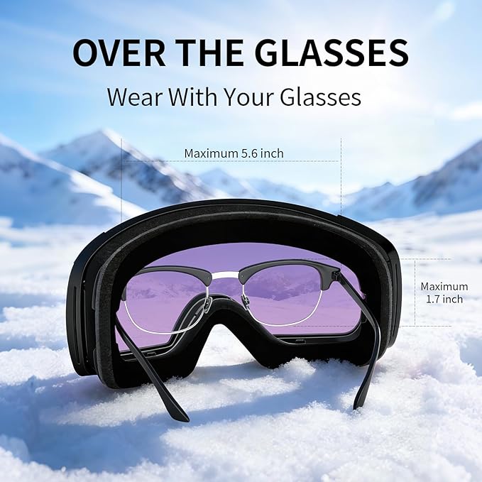 Ski Goggles for Men Women Adult & Youth, OTG Snowboard Goggles Anti Fog, Snow Goggles UV Protection Wide Vision