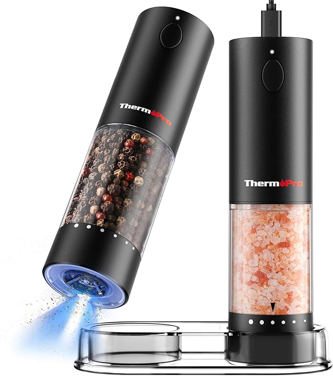 ThermoPro Electric Salt and Pepper Grinder Set Rechargeable, 110ml Automatic Pepper Grinder Shakers with 6 Levels External Adjustment, Refillable Pepper Mill Set with LED for New House Warming Gifts
