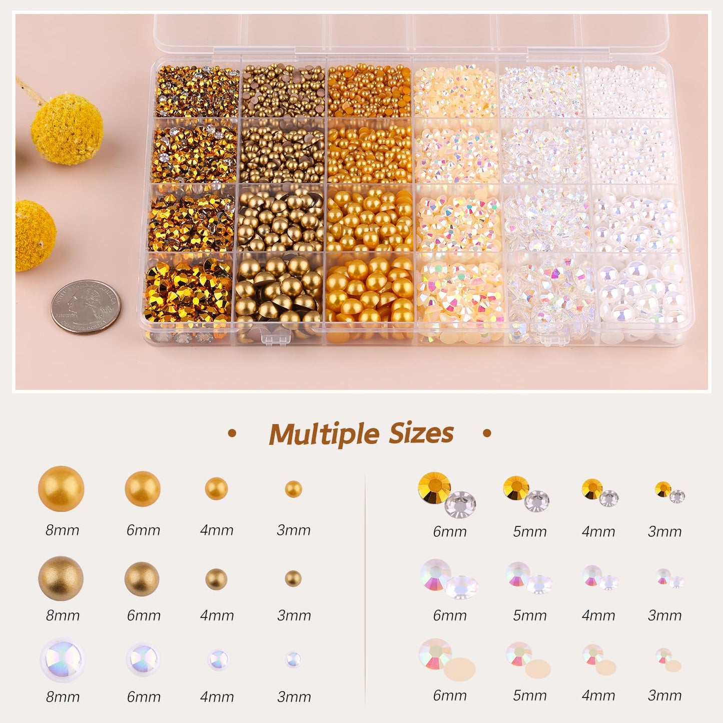 14000PCS Flatback Pearls and Gold Rhinestones for Bedazzling Kit, White Brown 3-10mm Resin Rhinestones and Half Pearls for Crafting, Nail Art Crafts Dec with 3pcs B7000 Jewelry Glue