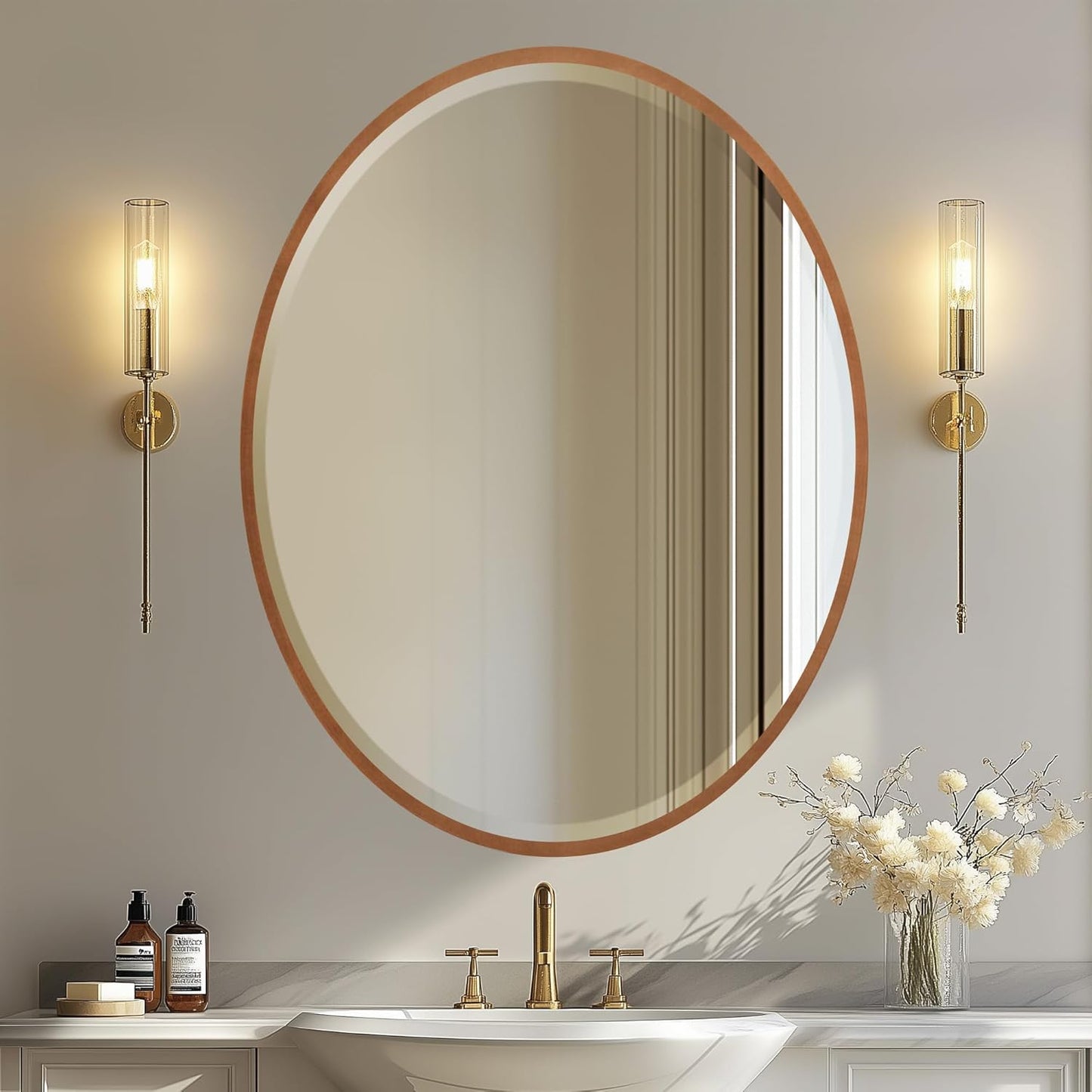 OVALCREST - Oval Wooden Beveled Wall Mirror for Home Decor, Bathroom, Vanity, Bedroom, Living Room, Hallway - London Style (Gold Spray) 31.1 x 41.1