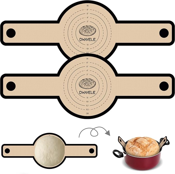 Silicone Bread Sling for Dutch Oven, Non-Stick & Easy to Clean Bread Baking Mat Set, 2 Pcs Reusable Bread Sling with Long Handle to Transfer Sourdough (Black, 2PCS Round)