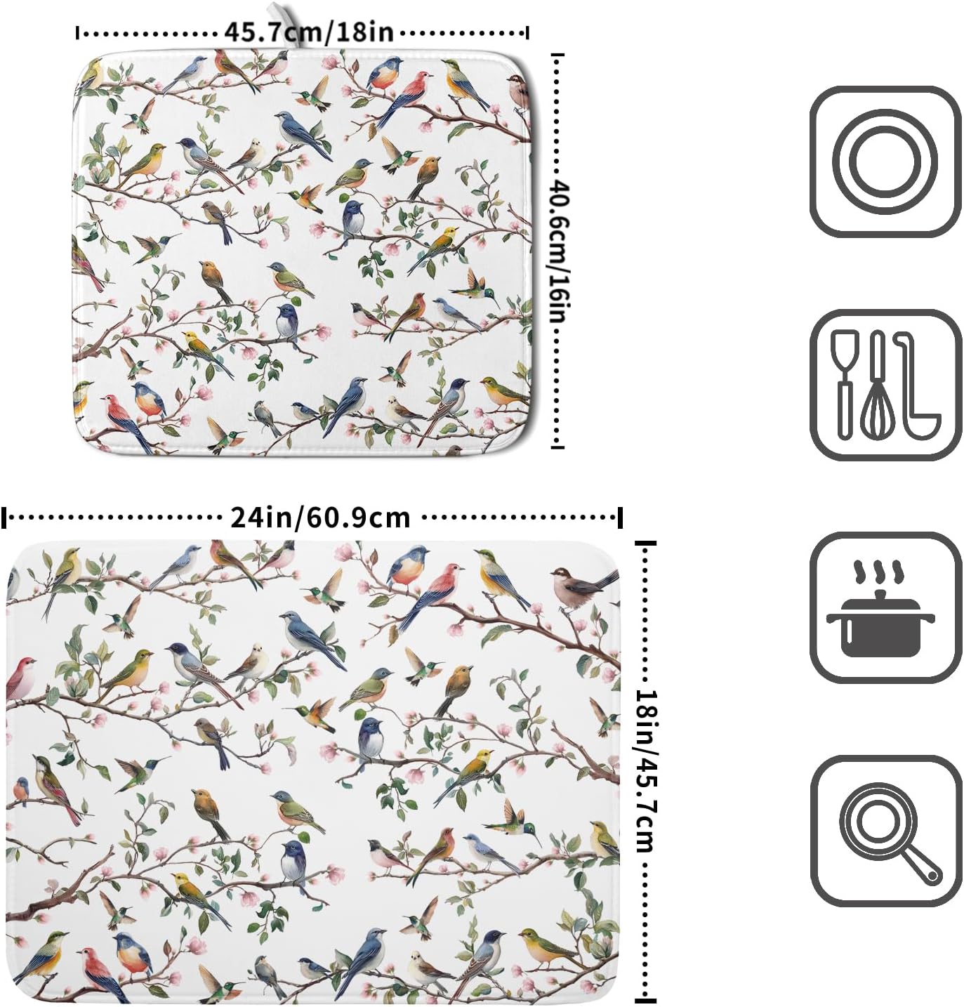 Floral Bird Dish Drying Mat for Kitchen Counter 18x24 Inch Spring Summer Bird Branch Flower Absorbent Reversible Microfiber Dish Pad Dish Drainer Rack Mats Countertops Protector Mat