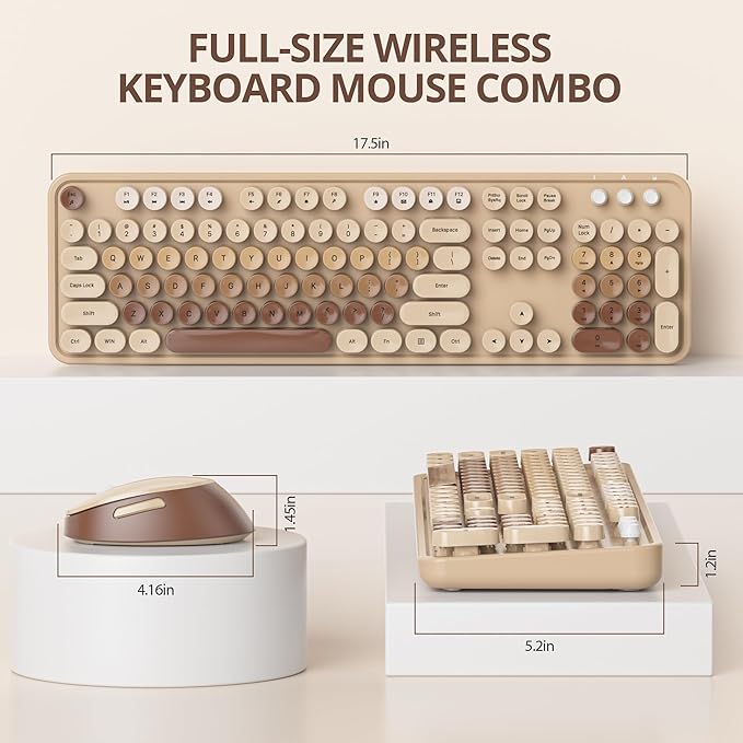 Owpkeenthy Brown Keyboard and Mouse Wireless, Cute Colorful Typewriter Keyboard Full-Sized with Number Pad Round Keycaps for Desktop, Laptop and Computer(Gradient Brown)