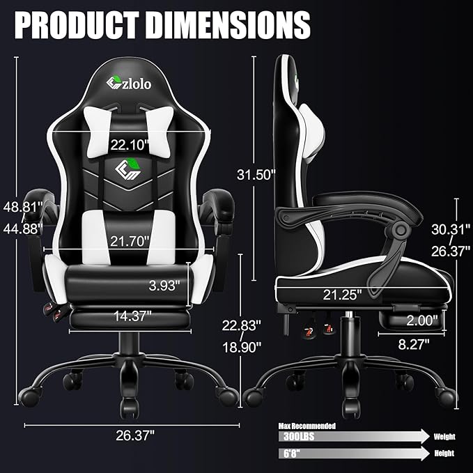 Gaming Chair with Footrest Racing Style Lumbar Support Massager Video Game Chair with Metal Legs, High Back Gamer Chair with Headrest, 360° Swivel Office Computer Desk Chair, Cool White