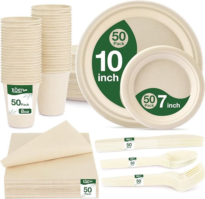 350PCS Compostable Paper Plates and Napkins Cups 10 & 7 Inch Disposable Heavy Duty Dinner Dessert Sturdy Plates and Utensils (Serve 50) Party Supplies Eco-friendly Dinnerware Set for Birthday Holiday