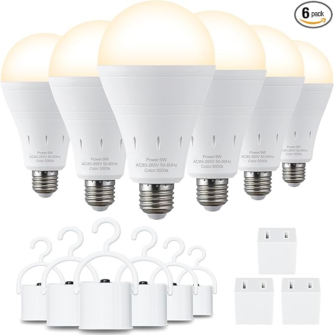 6 Pack Rechargeable Emergency Light Bulbs, Battery Powered Energy Efficient LED Light Bulb 3000K Warm E26 120 Volt 9W 60W Equivalent with 1200mAh for Home Power Outage Camping Hurricane