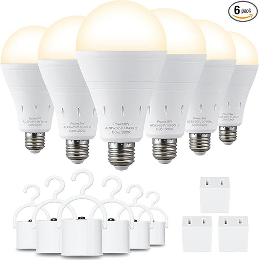 6 Pack Rechargeable Emergency Light Bulbs, Battery Powered Energy Efficient LED Light Bulb 3000K Warm E26 120 Volt 9W 60W Equivalent with 1200mAh for Home Power Outage Camping Hurricane