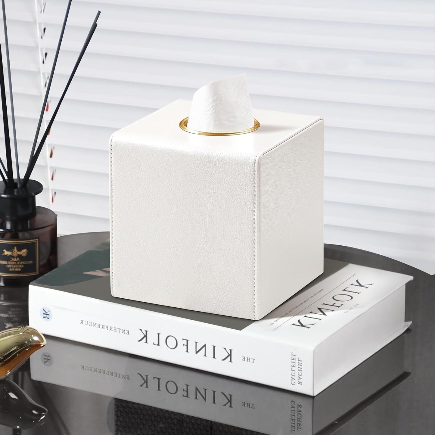 Square Tissue Box Cover, Luxury PU Leather Tissue Holder with Magnetic Closure (Beige)