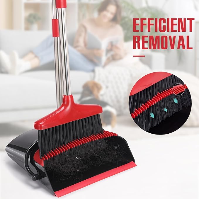 Broom and Dustpan Set with Long Handle, Light Weight Stainless Steel Poles Stand Upright Dustpans with Broom Combo for Home Kitchen Office Pet Dog Hair, Black & Red Color, 1-Pack