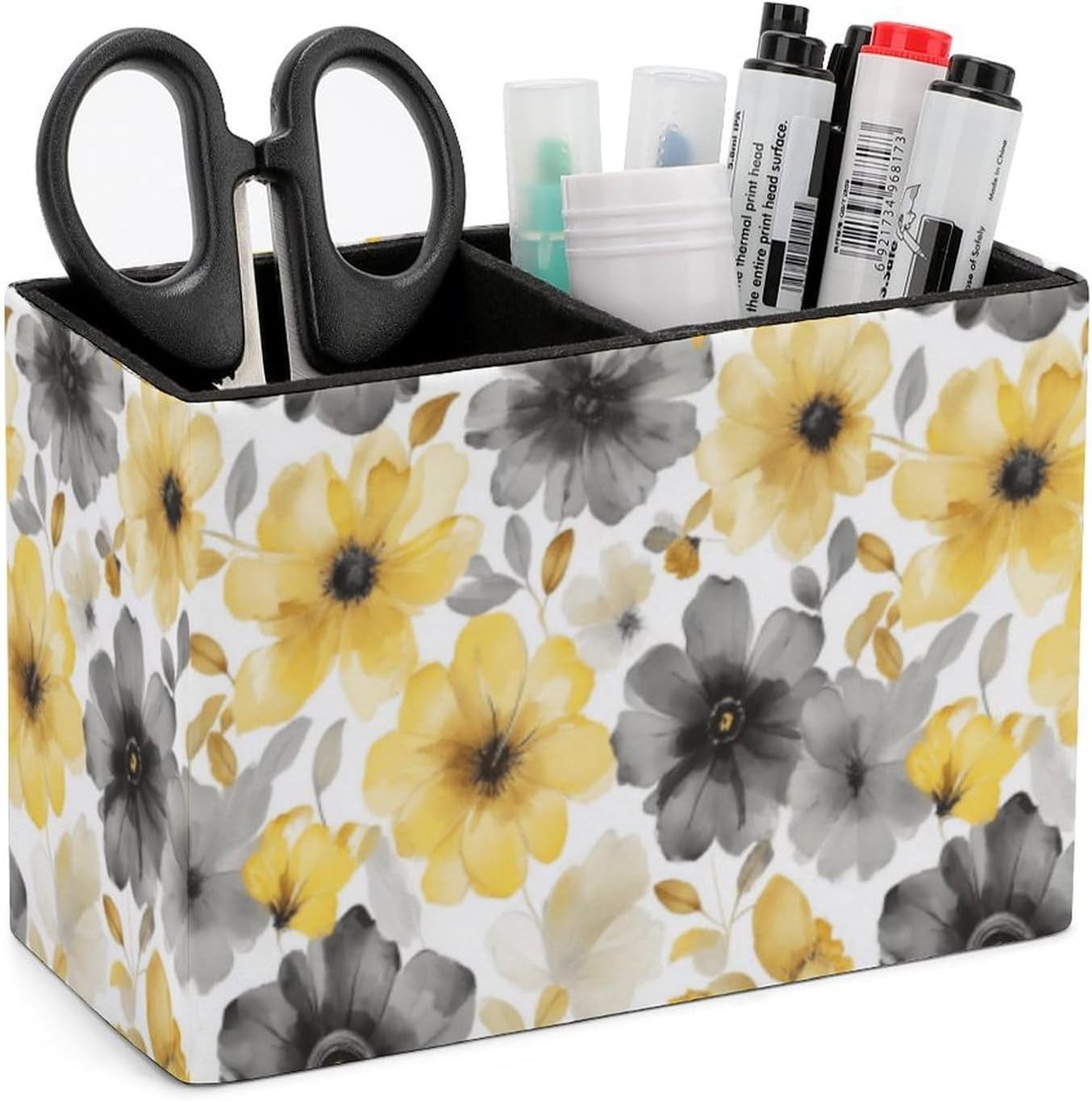 Floral Yellow And Lether Pen Holder for Desk Makeup Brush Holder Office Organizer Desk Accessory for School Office