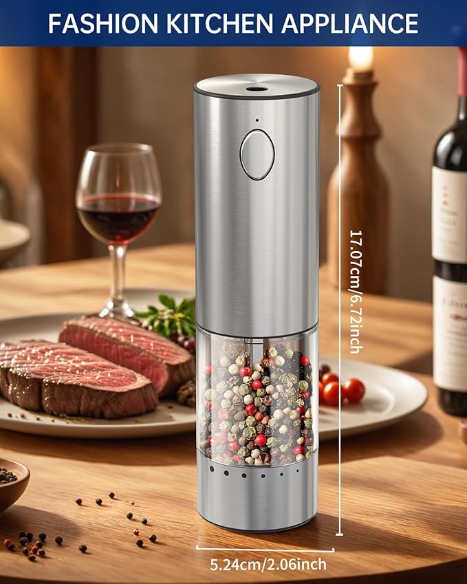 CIRCLE JOY Stainless Steel Electric Pepper Grinder, Rechargeable Pepper Mills with LED Light, 6-Level External Adjustable Coarseness for Easy Use