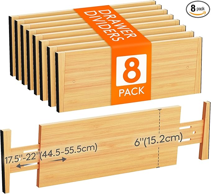 Lifewit 8 Pack 6" Deep Bamboo Drawer Dividers, 17.5-22" Expandable Drawer Organisers for Clothes, Adjustable Dresser Drawer Divider, Clothing Drawers Separators for Dresser, Bedroom, Bathroom, Office