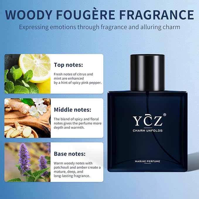 Ycz Charm Unfolds Marine Perfume for Men,1.7 oz.Long-Lasting Eau de Parfum Cologne for Men, Oriental Woody Fragrance Daily Use Men's Casual Cologne Smell Fresh All Day A Gift for Any Occasion