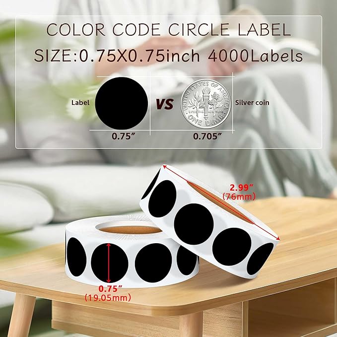 0.75 Inch 4Rolls 4000pcs Colorful Dots Sealing Stickers,3/4"Round Permanent Adhesive Color Coding Labels,Black Dots Stickers for Home Decorative, Storage Bins, Moving Containers & Organization