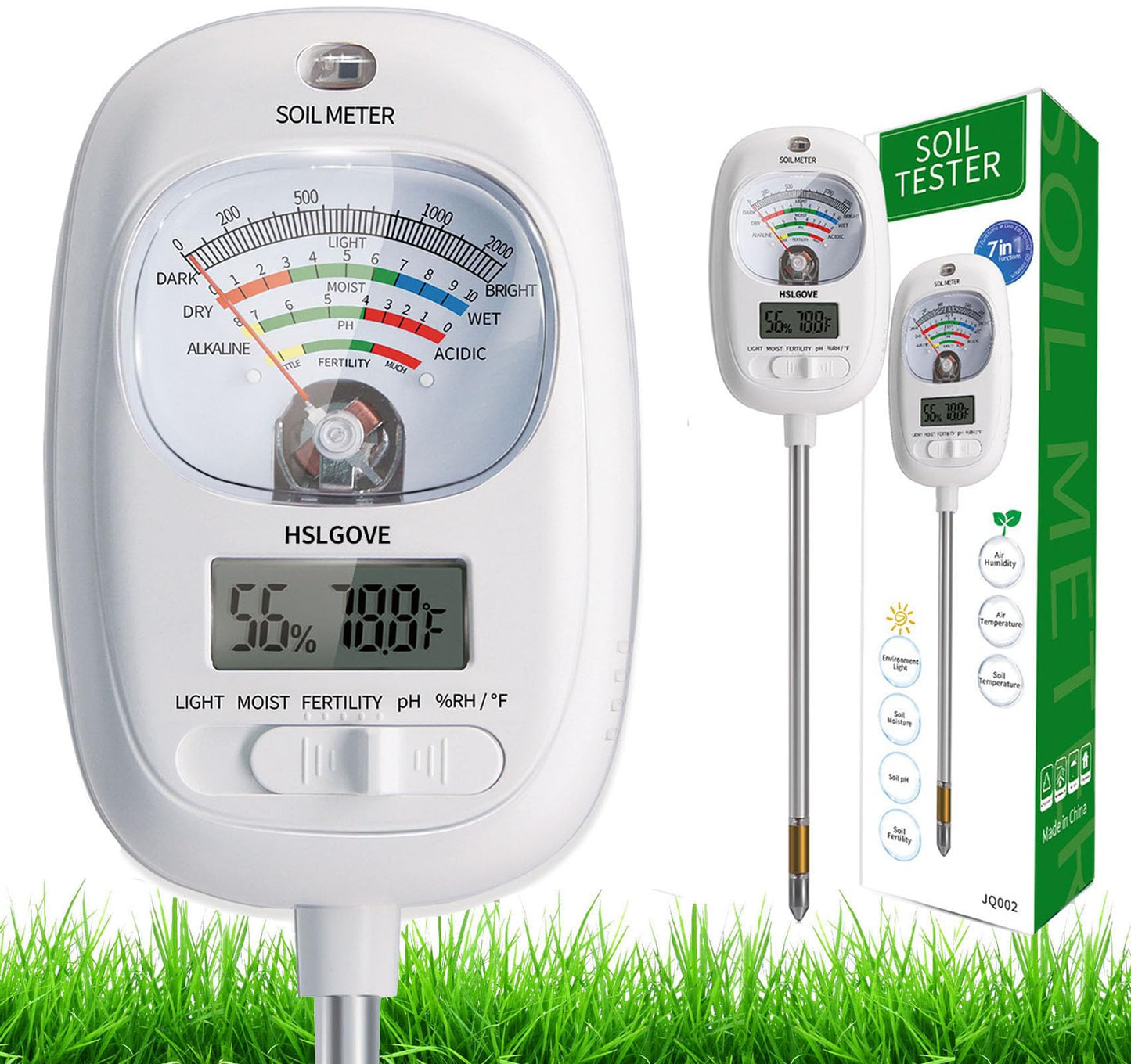 HSLGOVE Soil Test Kit, 7-in-One Soil Moisture Meter/Soil PH Meter/Fertility, Dual Screen Soil Tester w/Digital Soil Temp/Air Temp&Humidity for Plants Gardening,Lawn,Farm Indoor&Outdoor-Mint Green