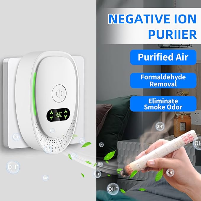Plug In Air Purifier-Plug In Negative Air Ionizer for Home Use,Air Ionizers for Home with Green Light for Pets Dust Odor Smoke,Negative Ion Technology Freshener for Bedroom,Office,Garage Room