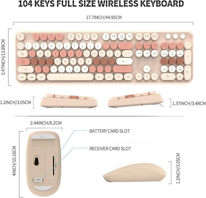 FOPETT Wireless Keyboard and Mouse Combo - 2.4G Full-Sized Cute Colorful Mouse and Keyboard with 104 Round Keys Retro Typewriter Keyboard for Laptop/Windows/PC - Brown Colorful