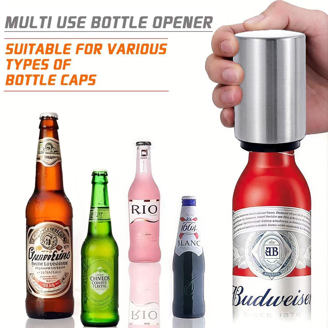Beer Bottle Opener Automatic Bottle Opener Premium Bottle Openers for Seniors, Down-Pop Off Destapadores de Cerveza with Magnetic Cap Catcher, Cool Bartender Tools, Men Beer Gift （Silvery）