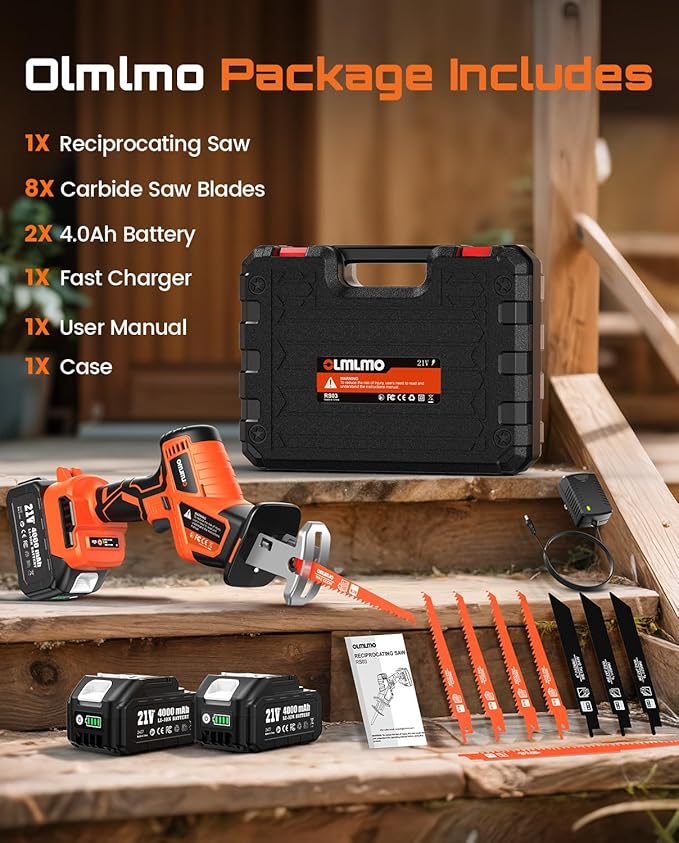 Cordless Reciprocating Saw With 8 Blades – 2×4000mAh Batteries, Brushless Motor, Variable Speed 0‑3200 SPM, Tool‑Free Blade Change, Power Reciprocating Saw for PVC Wood, Metal Cutting DIY