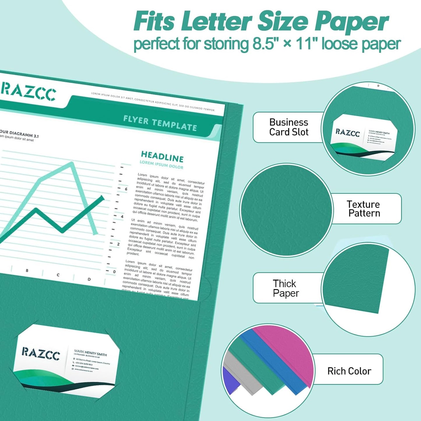 Two Pocket Folders, RAZCC 100 Pack 2 Pocket Folders Fit Letter Size Paper, Paper Folders with Pockets for School Office Business Home, Assorted 5 Colors