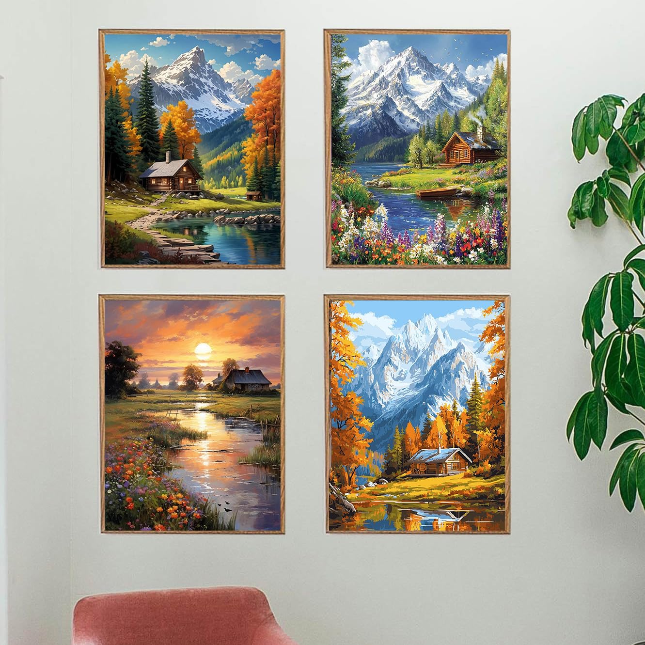 mrpwnle 4 Pack Paint by Numbers for Adults Mountain Cabin Lake Sunset Landscape DIY Oil Painting Kit on Canvas Easy Painting by Numbers for Adults Beginners Wall Art Decor Gifts 12x16 Inch