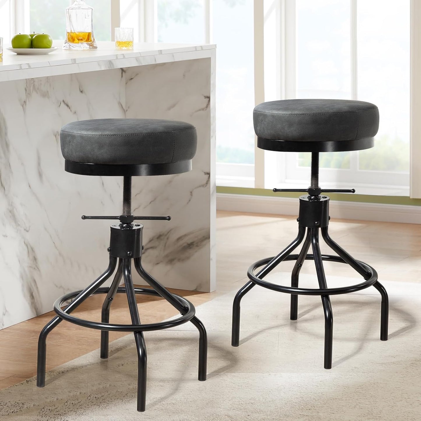 Swivel Bar Stools Adjustable Industrial Barstools Metal Modern PU Leather 28inch Round Backless Counter Height Stool Bar Chair for Kitchen Island (1, Grey)