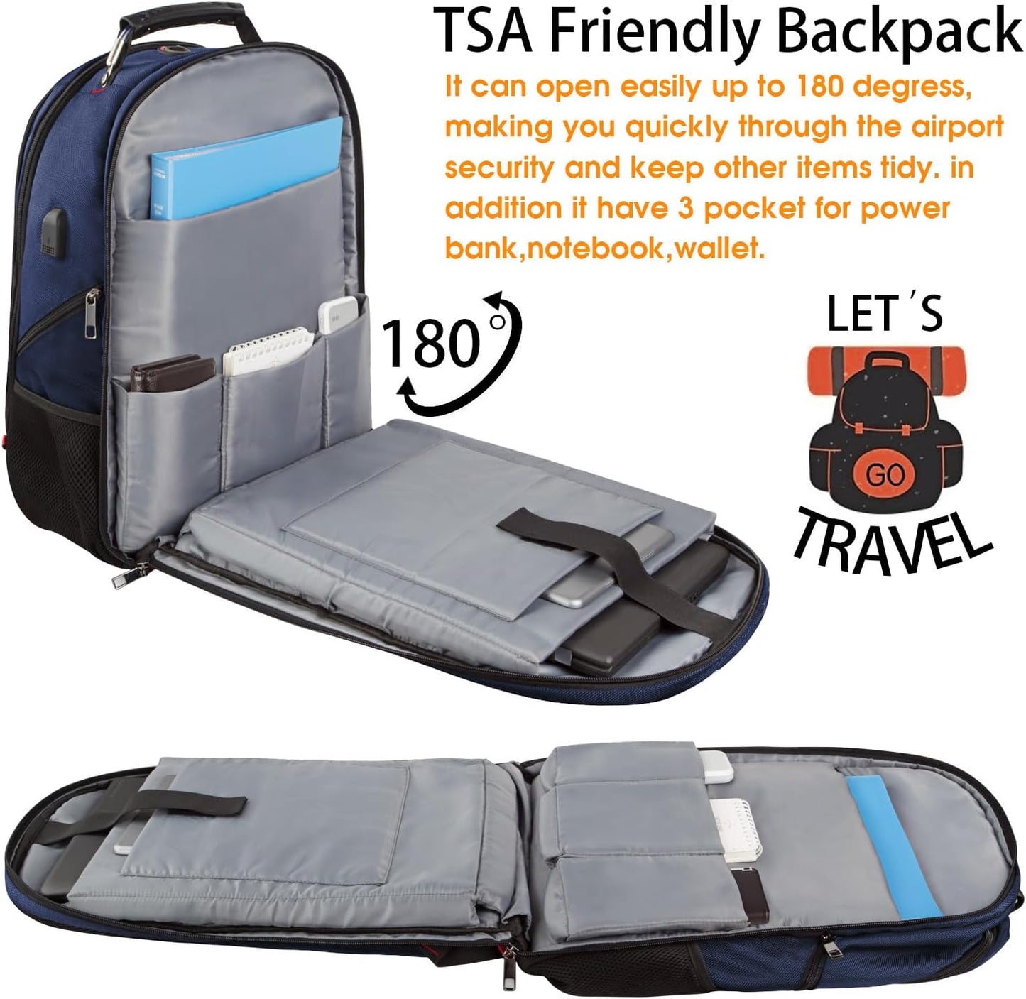 LTINVECK Extra Large 50L Travel Laptop Backpack, Computer bag Backbag with USB Charging Port, TSA Friendly Durable Big RFID Heavy Duty Business Tech Backpack Fits 17 Inch Laptops for Men Women, Blue