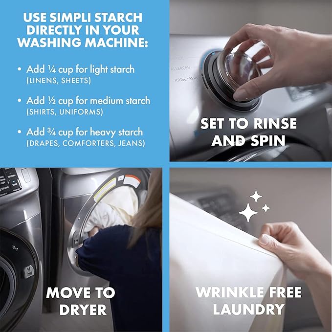 Simpli Starch® Dissolvable Starch Powder Mix. Makes Two Full 64 Oz Liquid Starch. Perfect For Laundry and Ironing, Add Directly to Your Washer. Ideal for Paper Mâché, Silly Putty, Playdough - 8oz (1)