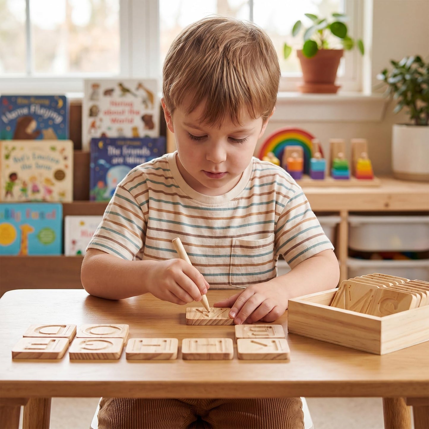 Jaloro Alphabet Tracing Board for Kids Montessori Wooden Letter Tracing Set, 26 Double Sided Uppercase & Lowercase Boards with Arrows, Handwriting Practice Toy with Stylus & Storage Box
