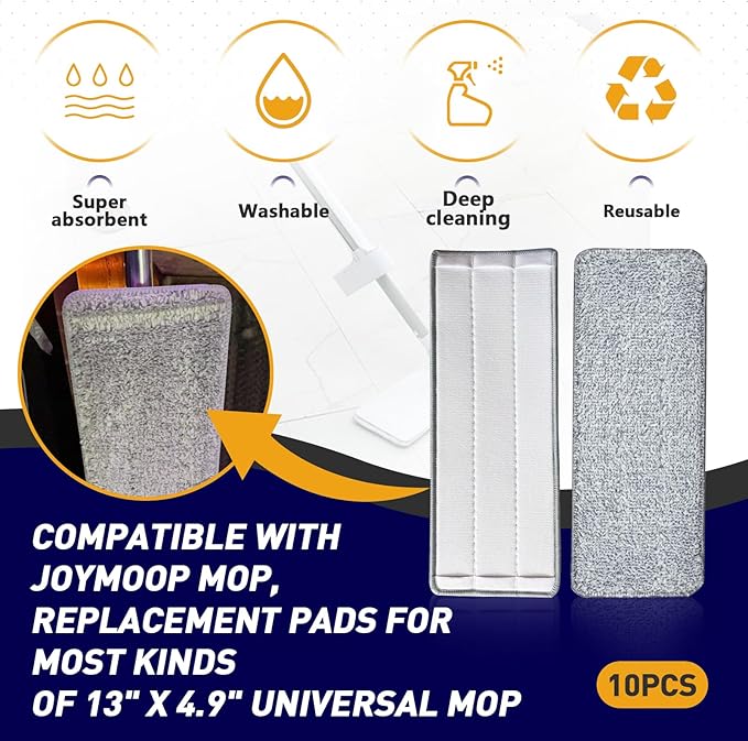 10PCS Mop Replacement Pads Compatible with JOYMOOP Flat Mop - 13'‘×4.9" Washable Pads,Suitable for Wet/Dry Floor，Reusable Washable Mop Pads for Floor Cleaning