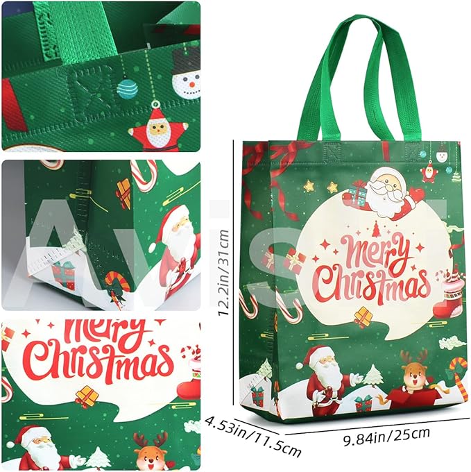 4 PACK Christmas Gift Tote Treat Bags with Handles, Multifunctional Non-Woven Christmas Bags for Gifts Wrapping Shopping, Xmas Party Supplies, 12.2"×9.8"×4.53"