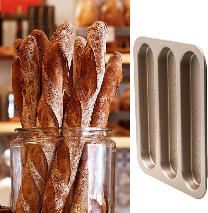 Durable Carbon Steel Baguette Baking Molds, Nonstick French Bread Pan with Rectangular Slots, Specialty 3-Cavity Baguette Mold - Essential Kitchen Tool for Home Bakers (Baguette mold)