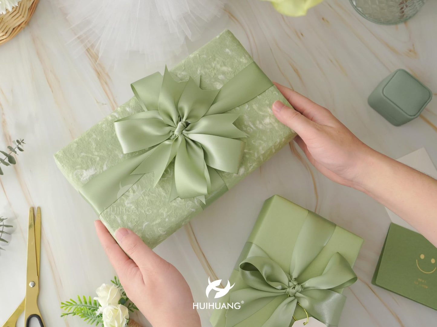 HUIHUANG Sage Green Satin Ribbon 1-1/2 inch x 100 Yards Green Double-Faced Satin Ribbon for Flower Bouquet, Gift Wrapping, Eternal Roses, DIY Crafts, Bridal Shower Wedding Decor