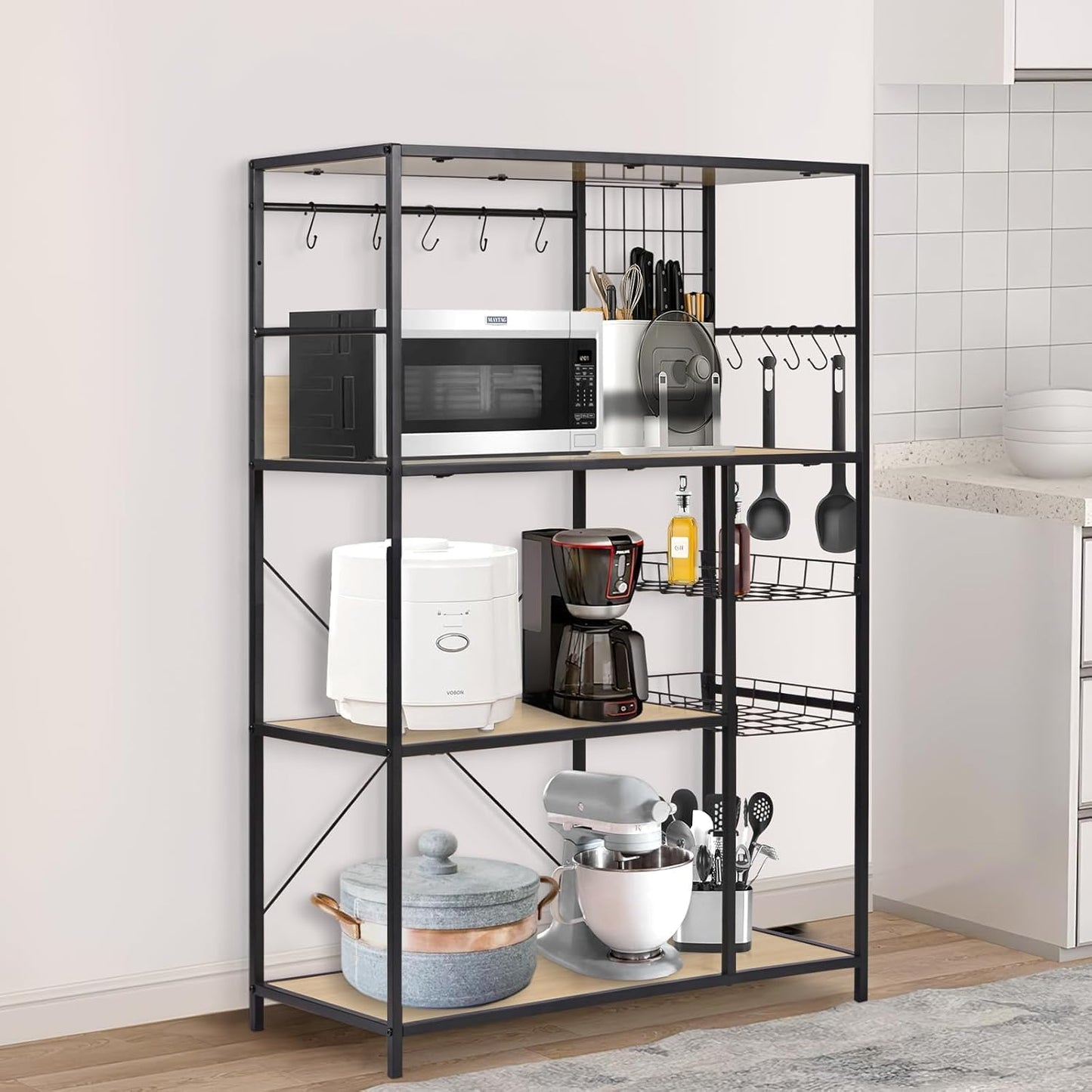 Bakers Rack with Power Outlet, Microwave Stand with Storage, Coffee Bar Organizer Cabinet with Wire Basket, Kitchen Shelf for Spices, 10 Hooks, Industrial, White Maple