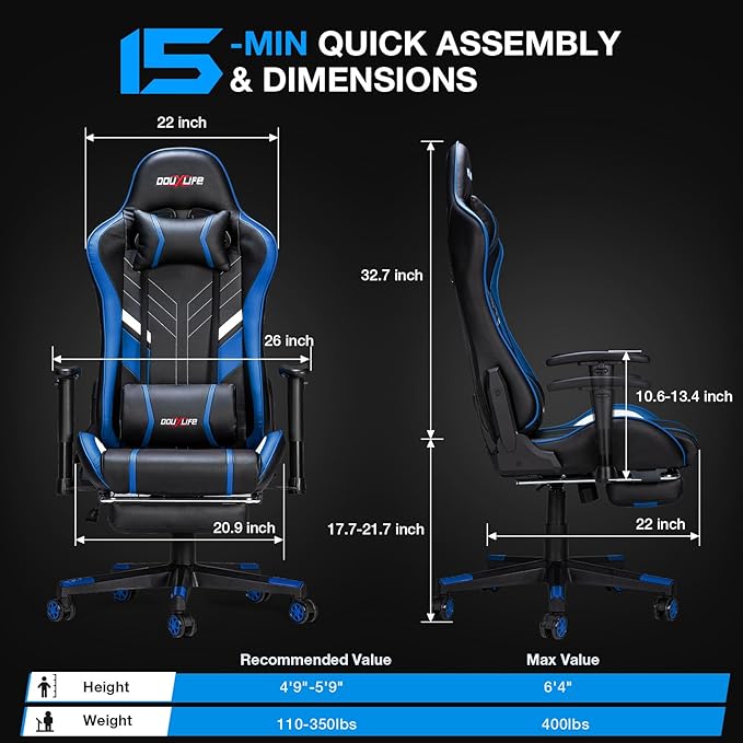 Douxlife Video Gaming Chair with Footrest Lumbar Support, High Back Recliner Height Adjustable Ergonomic Comfy Leather Computer Desk Chair for Home Office Blue