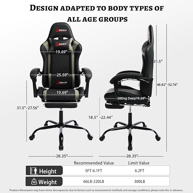 Ergonomic Gaming Chair with Footrest and Lumbar Massage, Racing Office Chair, High Back Computer Desk Chair with Headrest Pillow for Adults, Video Game Chair for PC Gamer (1001-Gray)