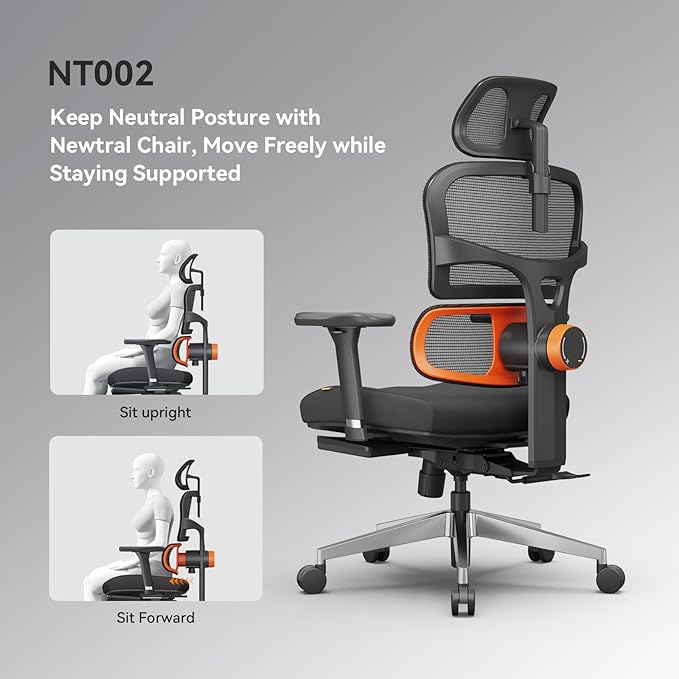 Newtral Office Chair Ergonomic - Home Office Desk Chair, Back Pain Chair with Auto-Following Lumbar Support, 4D Armrest, Seat Depth and Height Adjustable (Foot Rest, Black)