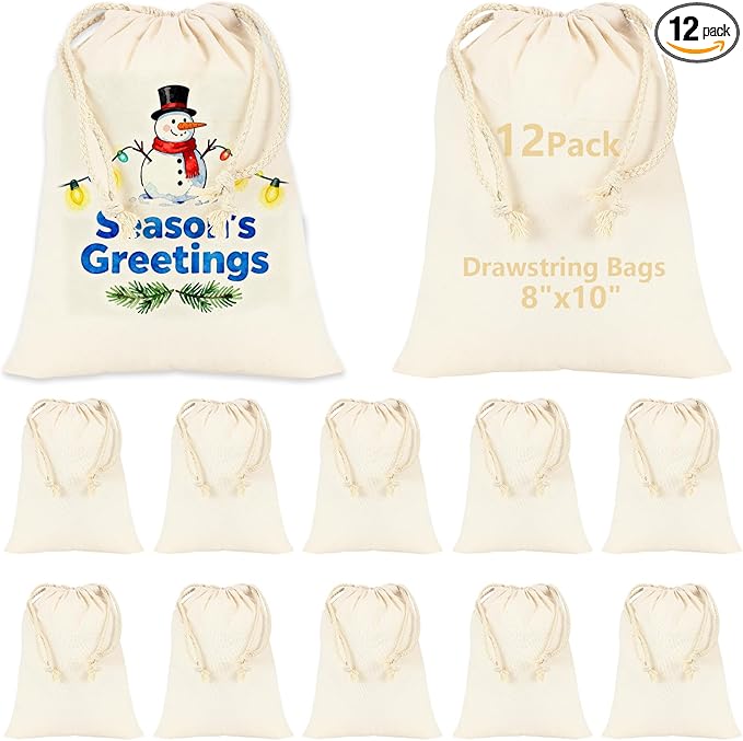 OKBA 12 Pack Cotton Muslin Drawstring Bags 8x10 inch, Reusable Cloth Bags for DIY Projects, Gift Packaging, Produce, Grocery, and Bread Storage, Eco-Friendly, Lightweight