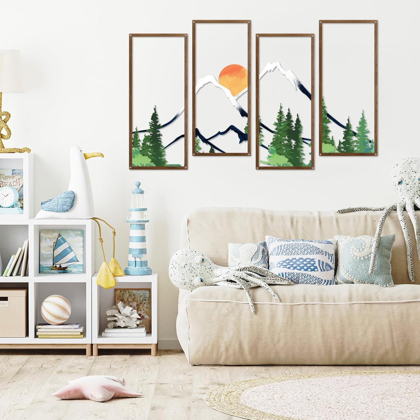 ruelen 4 Pcs Metal Sunset Mountain Forest Wall Decor, Abstract Minimalist Line Drawing Large Colorful Mountains Wall Art Home Decor for Living Room Bathroom Bedroom Office Indoor And Outdoor (Large)