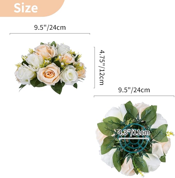 NUPTIO Artificial Flower Centerpieces for Tables: Peachy Champagne & White Flower Ball Arrangement for Wedding Party - 2 Pcs 9.5 Inch Diameter Floral Rose for Bridal Shower Decor
