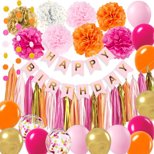 Pink and Orange Party Decorations, Hot Pink and Orange Birthday Decorations with Paper Pompoms Tassels Banner Circle Garland for Birthday Decorations for Teen Women