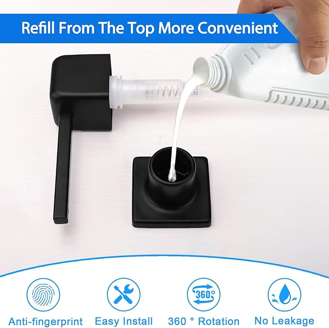 Bulit in Soap Dispenser Matte Black, Soap Dispenser for Kitchen Sink with 17 OZ Above The Sink Refillable Bottle Countertop Pump, Stainless Steel Pump Head Design