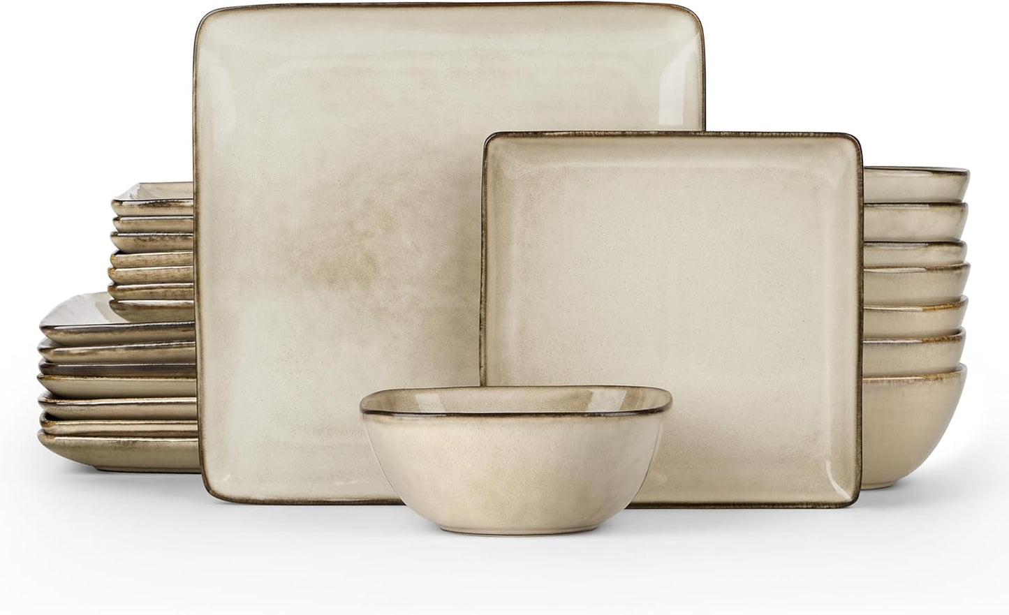 E-far Square Dinnerware Sets for 8, 24-Piece Stoneware Plates and Bowls Dishes Set, Reactive Glaze Porcelain Dishware Sets, Chip & Scratch Resistant, Microwave & Dishwasher Safe, Sandy Beige