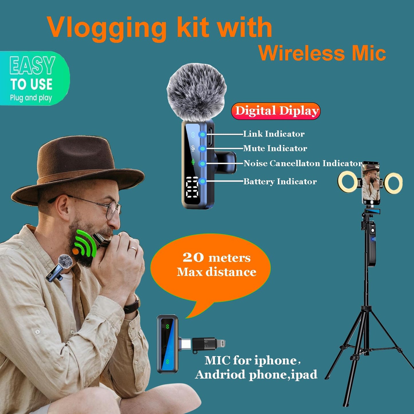 Litchitech 70.9    Auto Face Tracking Tripod For Iphone Anriod Phone,Vlogging Kit For Iphone,Content Creator Essentials,With Lig
