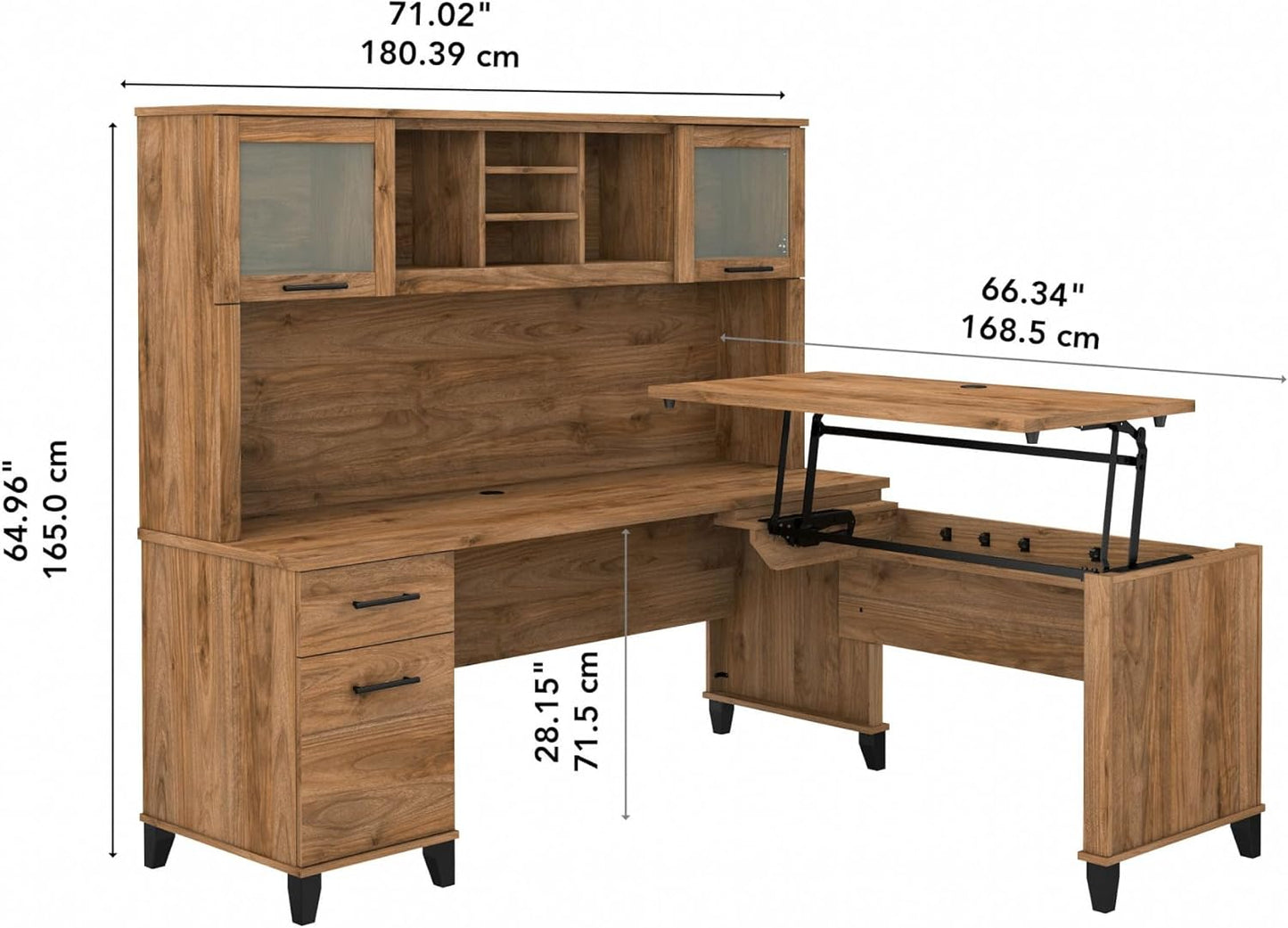 Bush Furniture Somerset 72W 3 Position Sit to Stand L Shaped Desk with Hutch in Fresh Walnut Adjustable Height Table for Home Office