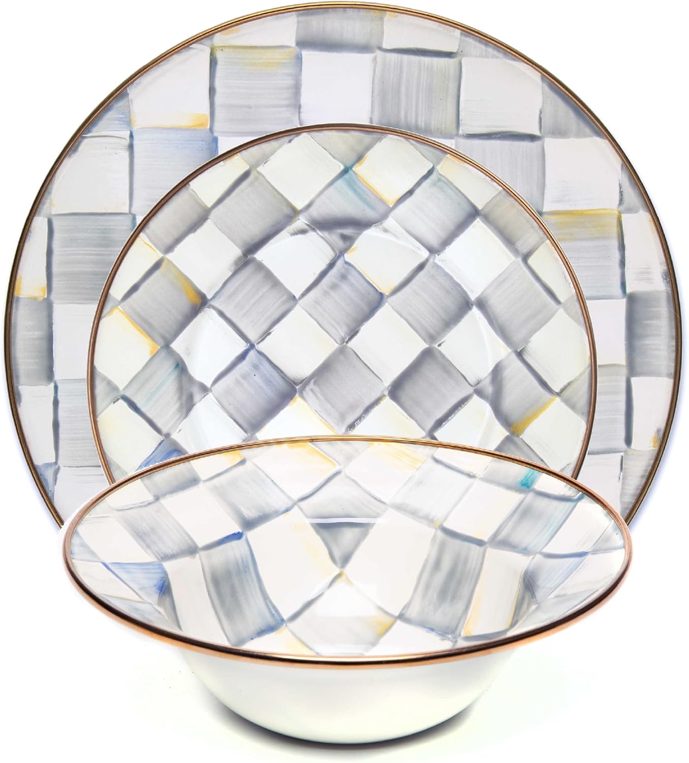 MACKENZIE-CHILDS 3-Piece Enamel Place Setting with 10-Inch Round Dinner Plate, 8-Inch Salad/Dessert Plate, and 7.5-Inch Breakfast Bowl, Gray-and-White Sterling Check